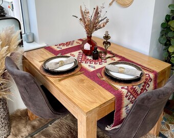 Turkish Handwoven Kilim Table Runner in Red and Cream Geometric Ikat Diamond Design