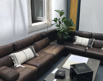 1970s 70s Vintage Retro Brown Leather Part Modular Corner Sofa & Coffee Table De Sede style mid-century modern MCM West German