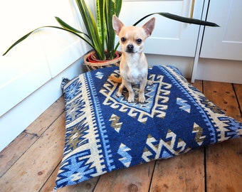 Blue and Cream Aztec Pet Bed Cat Dog Cushion Boho Southwestern Geometric Tribal in Blue and Cream Retro style