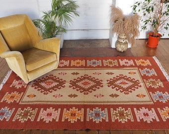 Reversible Rust Earth Cream Turkish Kilim Large Area Rug / Turkish Rug / Ikat Rug / Aztec Rug / Boho Rug / Kilm Rug / Washable rug / Diamond