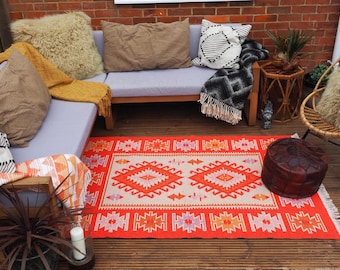 Reversible Orange Cream Turkish Kilim Large Area Rug / Turkish Rug / Ikat Rug / Aztec Rug / Boho Rug / Kilm Rug / Washable rug /