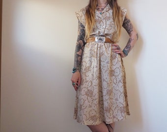 Vintage Cream and Brown Ditsy 60s Floral Print Dress
