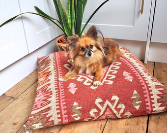 Pet Cat Dog Bed Cushion Aztec Boho Southwestern Geometric Tribal in Rust Earth Cream
