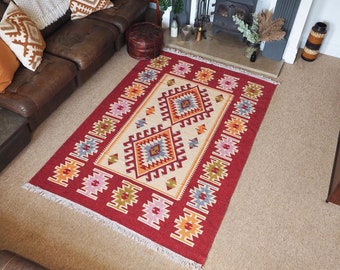 Reversible Red Cream Turkish Kilim Large Area Rug / Turkish Rug / Ikat Rug / Aztec Rug / Boho Rug / Kilm Rug / Washable rug / Diamond