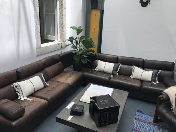 1970s 70s Vintage Retro Brown Leather Part Modular Corner Sofa & Coffee Table De Sede style mid-century modern MCM West German