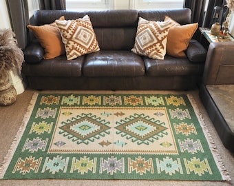 Reversible Green Cream Turkish Kilim Large Area Rug / Turkish Rug / Ikat Rug / Aztec Rug / Boho Rug / Kilm Rug / Washable rug / Diamond