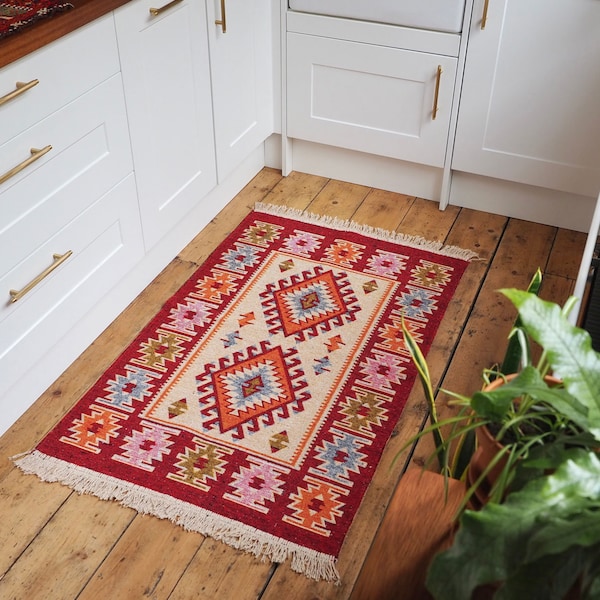 Red Cream Turkish Kilim Area Rug / Turkish Rug / Ikat Rug / Aztec Rug / Boho Rug / Reversible Rug / Kilm Rug / Washable rug / Diamond