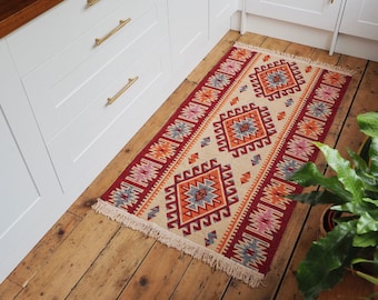 Red Cream Turkish Kilim Runner Rug / Turkish Rug / Ikat Rug / Aztec Rug / Boho Rug / Reversible Rug / Kilm Rug / Washable rug / Diamond