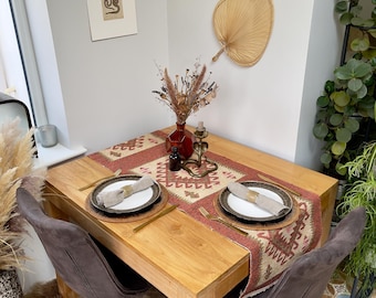 Turkish Handwoven Kilim Table Runner in Rust and Cream Geometric Ikat Diamond Design