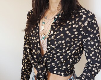 Vintage Black and Cream Ditsy Floral Shirt