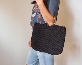 90 Black Woven Bag with Silver Handles