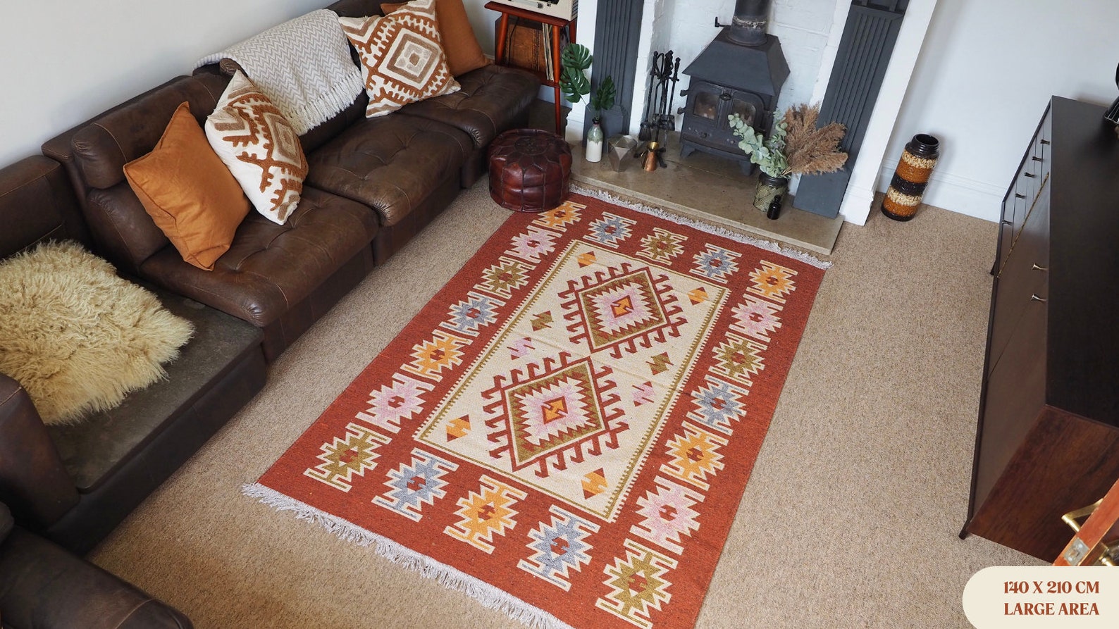 Rust Earth Cream Turkish Kilim Area Rug / Turkish Rug / Ikat Rug ...