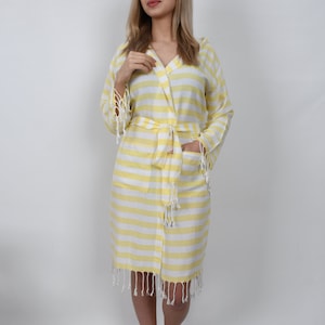 Organic Cotton Bathrobe, Absorbent Beach Robe, Turkish Towel Bathrobe, Gift Pajama, Bachelor Party Kimono, Yellow Striped Bathrobe, Bathrobe