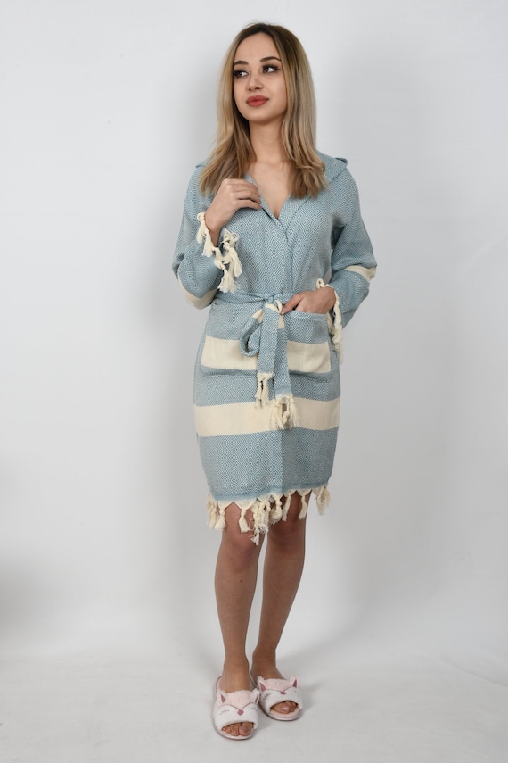 Cotton Housecoat, Beach Robe, Organic Bathrobe, Turkish Bathrobe, Soft Dressing Gown, Petrol Blue Kimono, Diamond Design Pajama, Bathrobe
