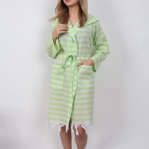 Wedding Gift Bathrobe, Organic Bathrobe, Cotton Beach Dress, Decorative Bathrobe, Turkish Bathrobe, Green Kimono, Striped Pajama, Bathrobe