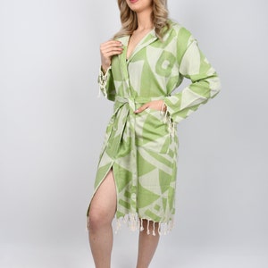 Roupão turco, Roupão para presente de casamento, Roupão orgânico macio, Pijama de algodão, Vestido de praia, Roupão verde pistache, Quimono estampado, Roupão 249