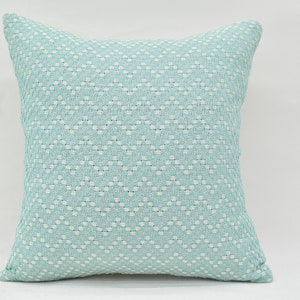 Puede incluir: Una almohada azul claro con un patrón de cuadros blancos.