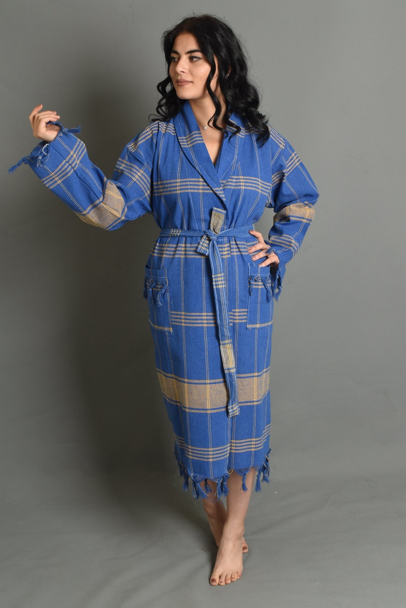 Blue Bathrobe Towel Turkish Bathrobes Pareo Cotton Striped Etsy