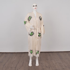 Personalized Beach Dress, Custom Muslin Kimono, Evil Eye Patterned Bathrobe, Morning Gown, Robe-Kimn