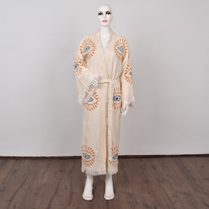 Personalized Beach Wear, Muslin Spa Kimono, Chic Dressing Gown, Evil Eye Design Housecoat, Robe-Kimn