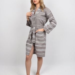 Turkish Bathrobe, Personalized Robe, Wedding Gift Robe, Soft Organic Bathrobe, Cotton Pajama, Beach Gown, Striped Brown Kimono, Bathrobe 270
