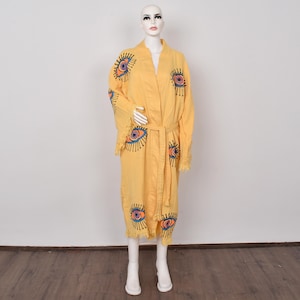 Bachelor Party Wear, Muslin Kimono, Personalized Gift Bathrobe, Mustard Evil Eye Design Kimono, Robe-Kimn
