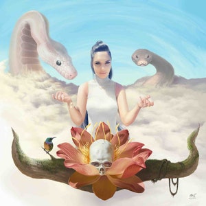May include: A woman with long dark hair stands in a white sleeveless top, with her arms outstretched, in front of a large pink flower with a human skull in the centre. Two white snakes are in the background, one on each side of the woman. The scene is set against a cloudy sky.