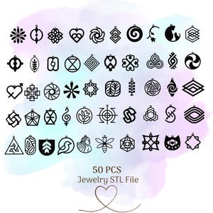 May include: A set of 50 black and white jewelry designs, perfect for creating earrings or pendants. The designs are intricate and geometric, with a variety of shapes and patterns. The image includes the text "50 PCS Jewelry STL File".