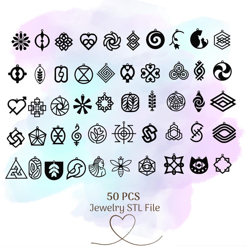 May include: A set of 50 black and white jewelry designs, perfect for creating earrings or pendants. The designs are intricate and geometric, with a variety of shapes and patterns. The image includes the text "50 PCS Jewelry STL File".