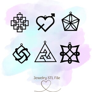 May include: Six black and white geometric designs for jewelry. The designs include a heart with an arrow, a square with a knot, a triangle with a knot, a pentagon with a flower, a square with a knot, and a cross with a knot.