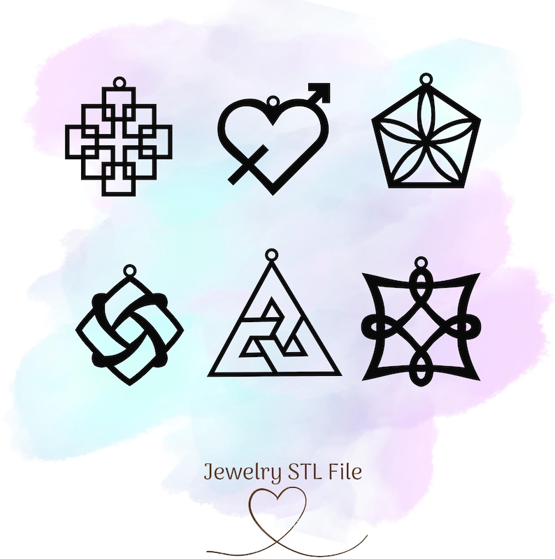 May include: Six black and white geometric designs for jewelry. The designs include a heart with an arrow, a square with a knot, a triangle with a knot, a pentagon with a flower, a square with a knot, and a cross with a knot.