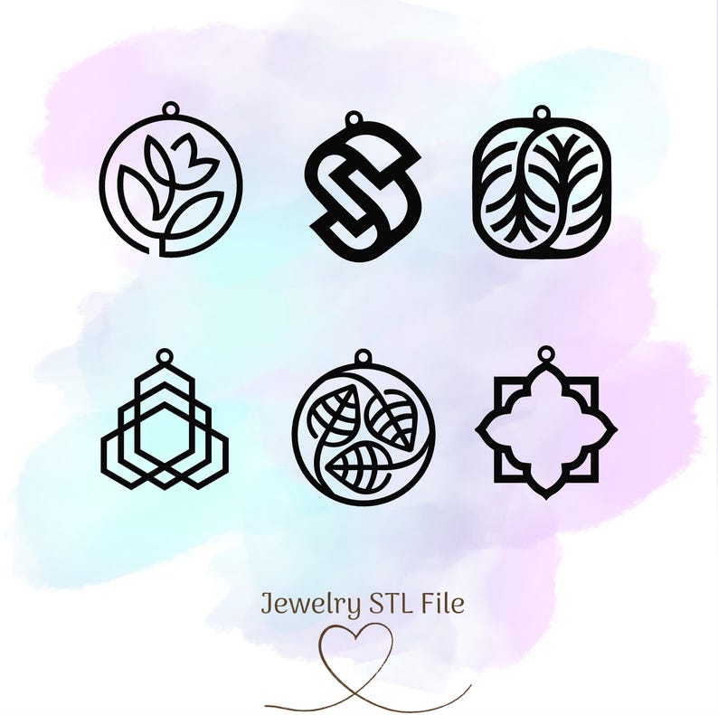 May include: Six black and white geometric designs for jewelry. The designs include a leaf, a letter S, a tree, a geometric shape, a leaf cluster, and a star.