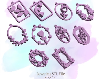 10 Flower STL Jewelry,  Earring STL, Necklace STL, 3D Print File, Digital Download
