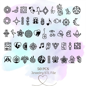 May include: A set of 50 black and white jewellery designs, ideal for creating earrings, pendants, or charms. The designs are intricate and detailed, and include a variety of shapes, such as hearts, flowers, animals, and geometric patterns. The text "50 PCS Jewellery STL File" is printed below the designs.