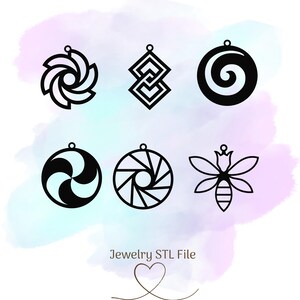 May include: Six black and white geometric designs for jewelry making. The designs include a spiral, a swirl, a bee, a camera lens, and two abstract designs.