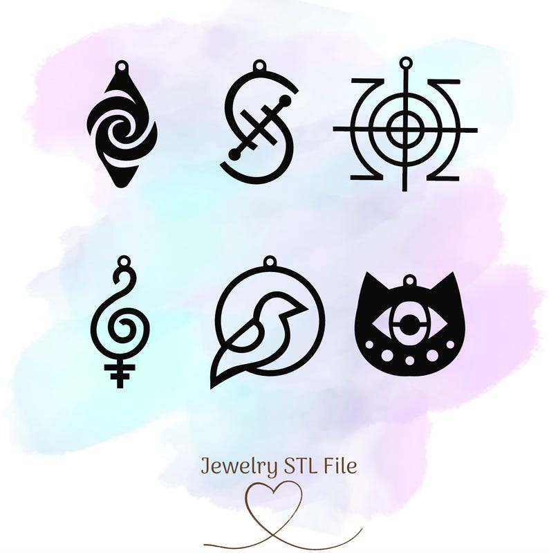 May include: Six black and white jewelry designs, including a bird, a cat, a spiral, a target, a symbol, and a swirl. The designs are on a white background with a watercolor effect.