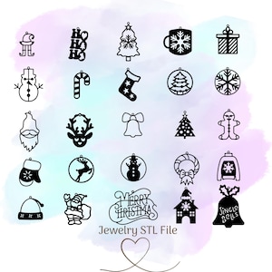 Op de afbeelding: Een verzameling zwart-witte sieradenontwerpen met kerstthema. Bevat ornamenten van een sneeuwpop, kerstboom, kerstman en een bel. De tekst "Merry Christmas" en "Jewelry STL File" zijn ook aanwezig.