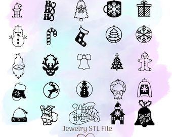 May include: A collection of black and white Christmas-themed jewelry designs. Includes ornaments of a snowman, Christmas tree, Santa, and a bell. The text "Merry Christmas" and "Jewelry STL File" are also present.