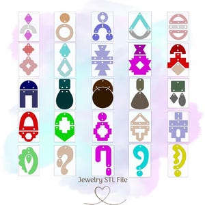 Puede incluir: Un conjunto de 25 diseños de pendientes diferentes en varios colores y formas. Los diseños incluyen formas geométricas, círculos y formas abstractas. El texto "Jewelry STL File" está en la parte inferior de la imagen.