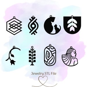 May include: A set of 8 black and white digital files for jewelry making. The designs include a cat, a geometric pattern, a leaf, a flower, a geometric shape, a line pattern, a wavy pattern, and a woman's face.