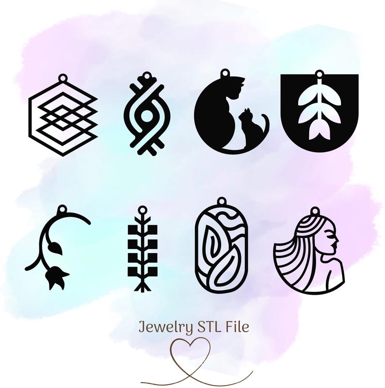 May include: A set of 8 black and white digital files for jewelry making. The designs include a cat, a geometric pattern, a leaf, a flower, a geometric shape, a line pattern, a wavy pattern, and a woman's face.