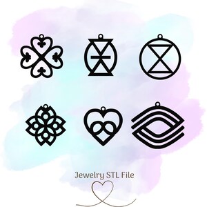 May include: Six black and white geometric designs for jewelry. The designs include a four-leaf clover, a circle with a cross inside, a circle with an X inside, a flower with four petals, a heart with a knot inside, and an eye with three concentric circles.
