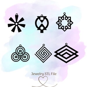 May include: Six black and white geometric designs for jewelry. The designs are all different shapes and sizes, and they are all very intricate. The designs are perfect for earrings, pendants, or rings.