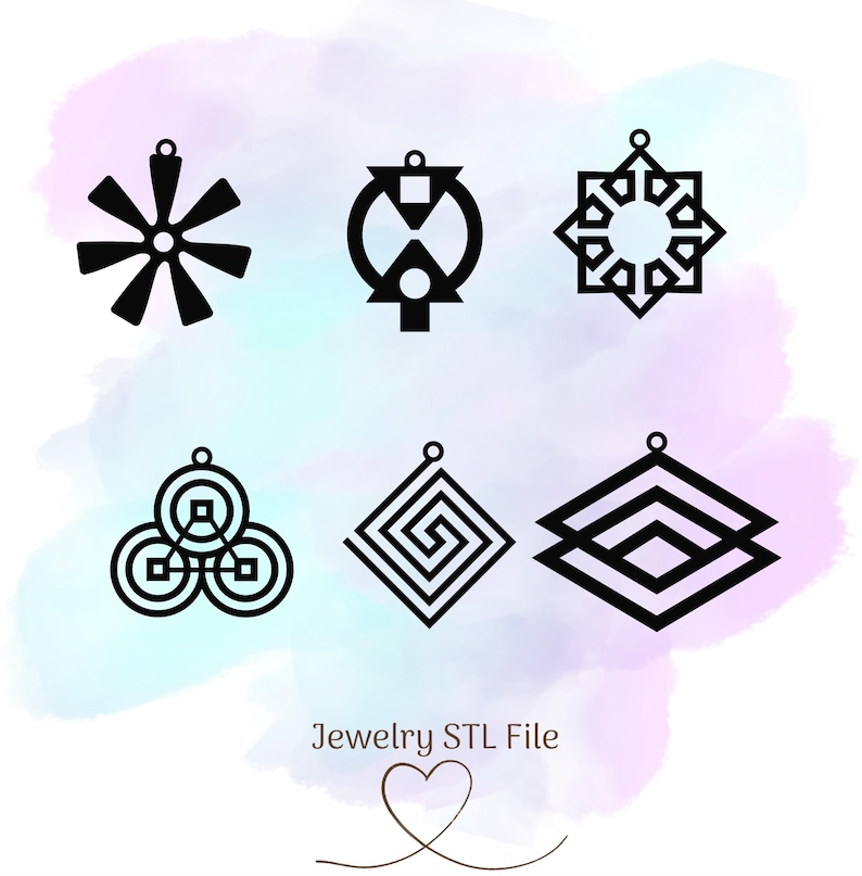 May include: Six black and white geometric designs for jewelry. The designs are all different shapes and sizes, and they are all very intricate. The designs are perfect for earrings, pendants, or rings.