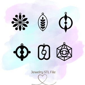 May include: Six black and white geometric designs for jewelry. The designs include a flower, a leaf, a circle with a diamond, a geometric shape with a diamond, a shape with two circles, and a geometric shape with an eye.