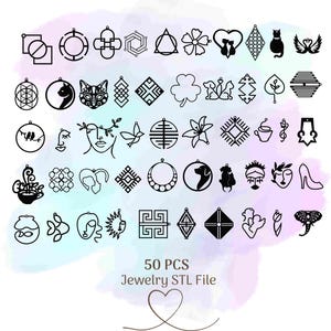 Puede incluir: Un conjunto de 50 diseños de joyería en blanco y negro, que incluyen formas geométricas, animales, plantas y patrones abstractos. Los diseños están dispuestos en una cuadrícula sobre un fondo de acuarela azul claro y rosa. El texto "50 PCS Jewelry STL File" está en la parte inferior de la imagen.