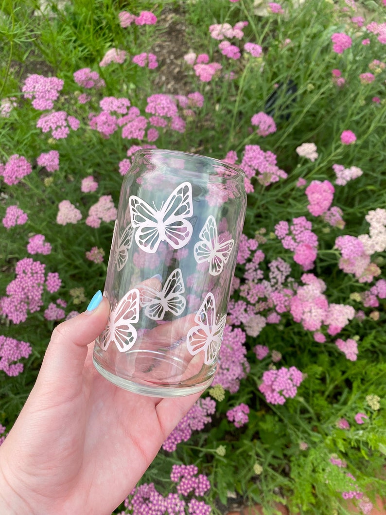 Butterfly Beer Can Glass, Iced coffee cup, iced tea cup, Butterflies, customized/personalized glass image 1