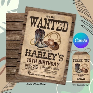Invito modificabile Country Western, invito di compleanno da cowboy, legno rustico, cappello da cowboy e lazo, stampabile, download immediato