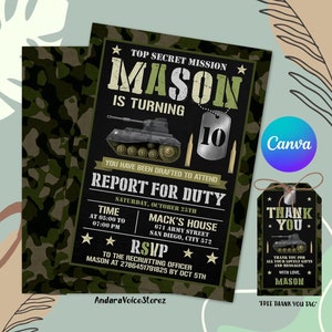 Army Birthday Invitation, Military Party Invitations, Soldier Birthday Invitation, Military Invite, Editable Canva Template