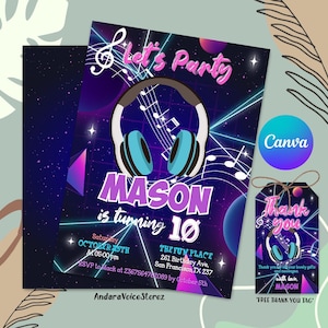 Invitación editable para fiesta de cumpleaños con música, fiesta de cumpleaños con música y canto con CANVA